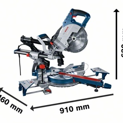 Serra de esquadria cinza e azul com lâmina circular e medidas indicadas