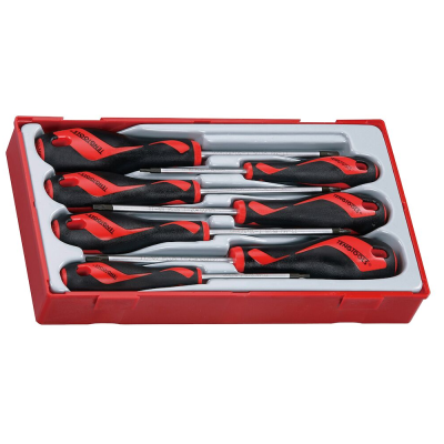 Conjunto de seis chaves L com punhos preto e vermelho numa caixa vermelha