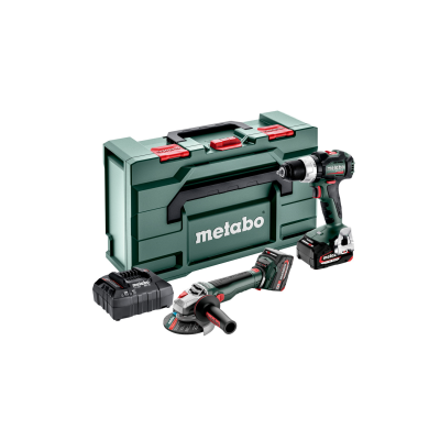 conjunto de ferramentas Metabo com mala verde, furadeira, esmerilhadora e carregador