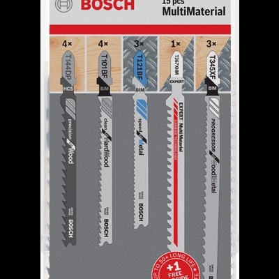 Conjunto de 15 lâminas de serra BOSCH MultiMaterial em embalagem transparente com etiquetas visíveis