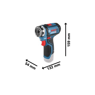 Parafusadora Bosch azul e preta com detalhes vermelhos e medidas em mm