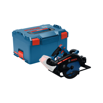 Serra circular Bosch azul com estojo de armazenamento azul.