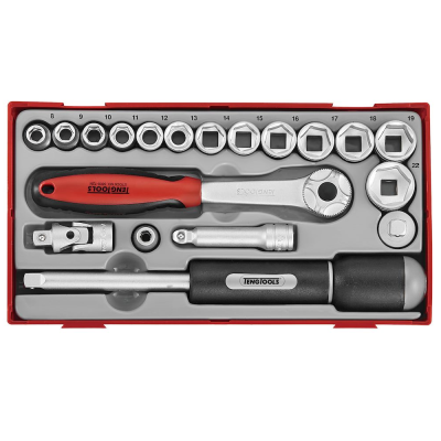 Conjunto de ferramentas TENGTOOLS com soquetes metálicos, chave de catraca vermelha e preta, adaptador e chave de fenda em caixa vermelha