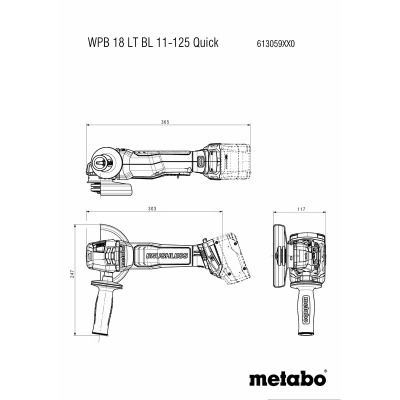 Desenho técnico ferramenta elétrica Metabo WPB 18 LT BL 11-125 Quick com medidas.