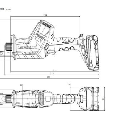 Desenho técnico em preto e branco de serra de sabre Metabo SSE 18 LTX BL Compact com medidas.