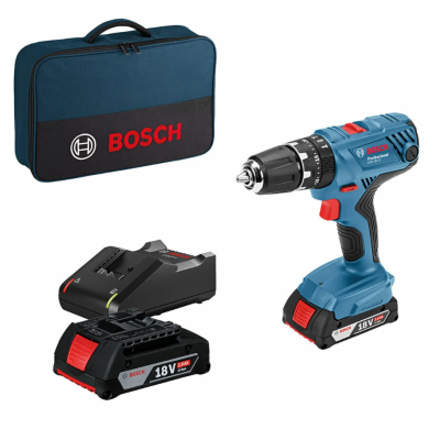 Conjunto Bosch com mala azul, furadeira sem fios, bateria 18V e carregador