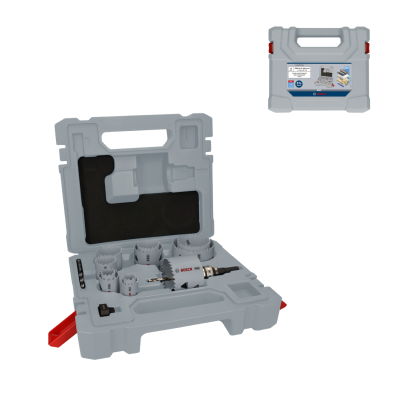 Conjunto de brocas Bosch Pro em caixa cinzena com interior acolchoado preto contendo várias brocas