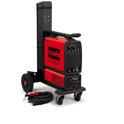 Máquina de soldar TELWIN Synergic TIG 307 AC/DC vermelha e preta com carrinho e mangueira