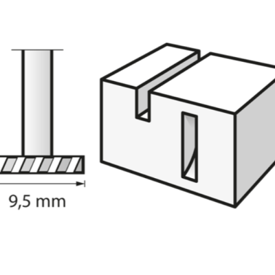 Desenho técnico a preto e branco de peça cilíndrica e forma rectangular com entalhe