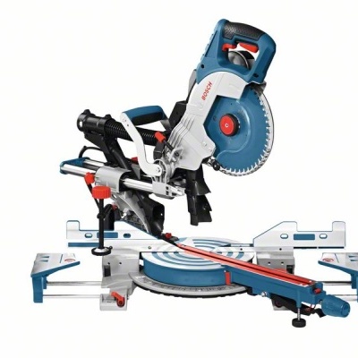 Serra de esquadria azul, cinza, vermelho e preto com lâmina circular