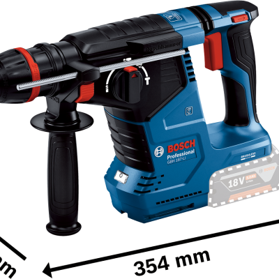 Martelo perfurador a bateria Bosch Professional azul, preto e vermelho com medidas e marcações visíveis.