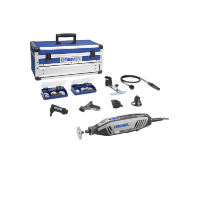 Conjunto de ferramenta rotativa Dremel com estojo azul e branco e acessórios