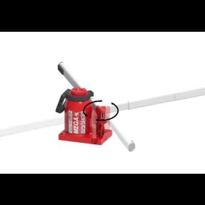 Macaco hidráulico vermelho com alavanca preta e braços brancos extensíveis