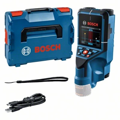Laser medidor Bosch azul e preto com estojo, cabo USB e cordão