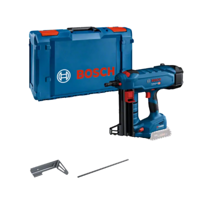 Ferramenta elétrica Bosch azul com caixa rígida e acessórios em fundo branco