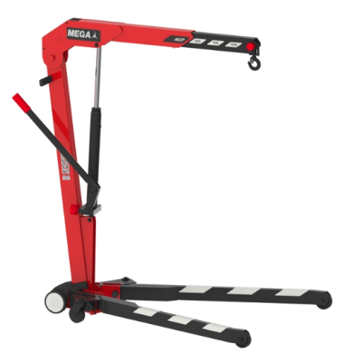 Grua de oficina vermelha e preta com gancho e inscrição MEGA 400