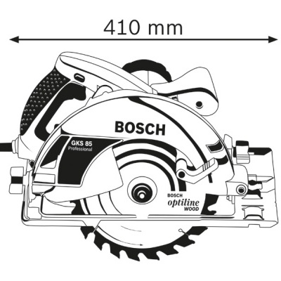 Serra circular elétrica preta e branca BOSCH GKS 85 com lâmina circular e texto visível