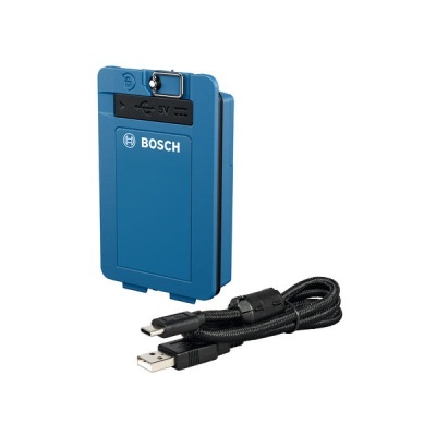 Dispositivo eletrônico azul BOSCH com cabo USB preto trançado