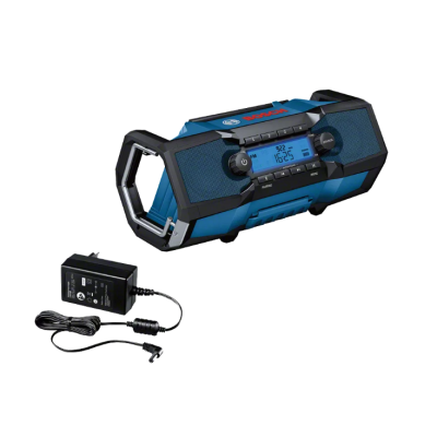 Rádio portátil Bosch azul e preto com visor digital e adaptador de corrente