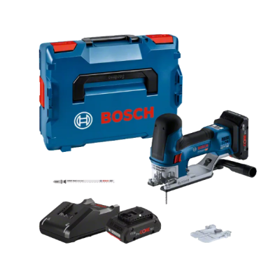 Conjunto de ferramenta eléctrica Bosch com serra de recortes, bateria, carregador, lâmina e caixa azul