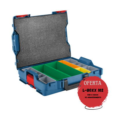 Estojo organizador azul L-BOXX 102 com divisórias coloridas e selo de oferta
