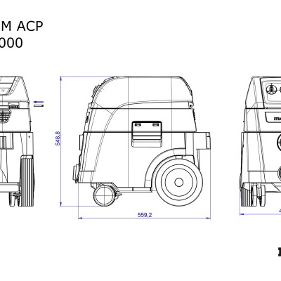 Desenho técnico do aspirador Metabo ASR 35 M ACP com vistas e dimensões