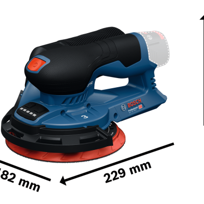 Lixadora Bosch a bateria com base circular vermelha e corpo azul e preto