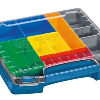 Caixa organizadora azul com tampa transparente e blocos coloridos