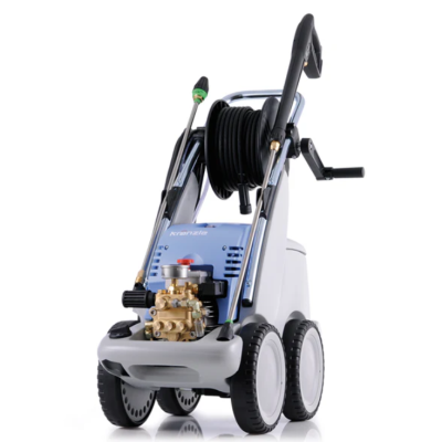 máquina de lavar alta pressão cinza azul com mangueira e rodas