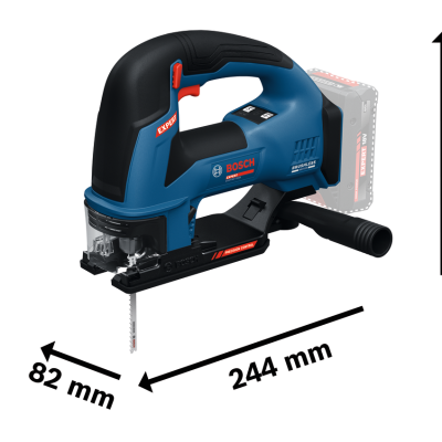 Máquina de corte Bosch azul e preta com texto BOSCH e dimensões