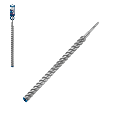 Broca de martelo metal prateado com ponta azul e embalagem azul e branca