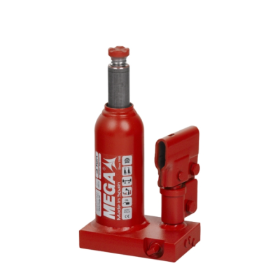 Macaco hidráulico vermelho em metal com base quadrada e marca MEGA