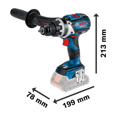 Ferramenta tipo furadeira/parafusadora Bosch Professional azul, preta e vermelha com pega auxiliar preta e medidas.