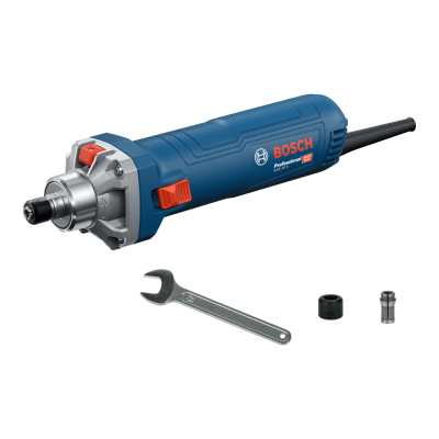 Ferramenta elétrica Bosch Professional azul e metálica com chave ajustável e peças adicionais.