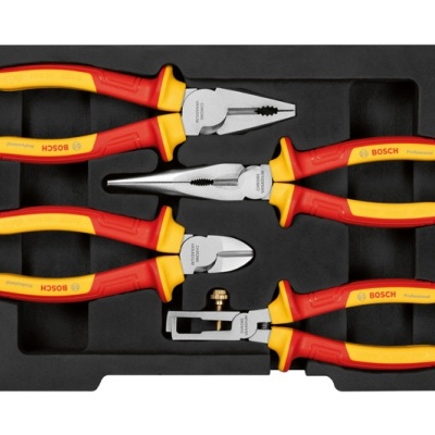 Conjunto de alicates com cabos isolados amarelo e vermelho organizados em caixa preta