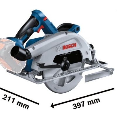 Serra circular BOSCH azul e preta com lâmina prateada e dimensões em mm.
