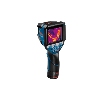 Câmara termográfica Bosch preta e azul com ecrã digital a mostrar imagem térmica