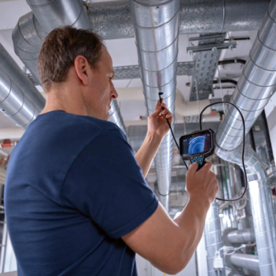 Homem usa equipamento de inspeção visual em ambiente industrial com tubagens metálicas