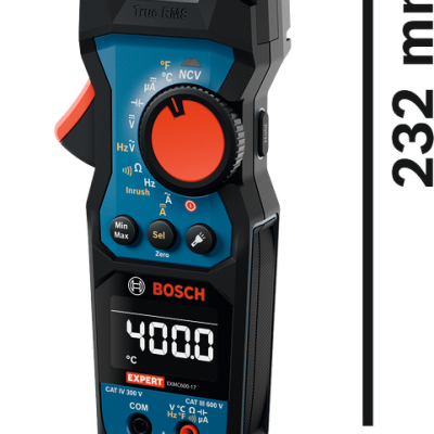 Multímetro digital portátil Bosch em azul, preto e vermelho mostrando várias funções e dimensões