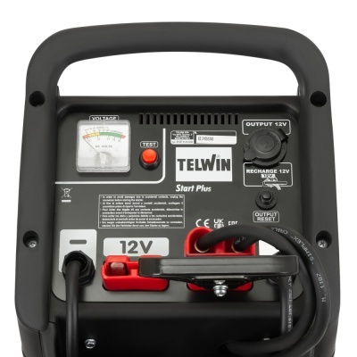 Dispositivo elétrico TELWIN Start Plus com medidor analógico e conexões para cabos 12V