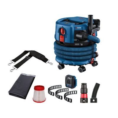 Aspirador industrial azul com acessórios e mangueira