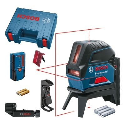 Conjunto de nível a laser BOSCH Professional GCL 2-50 com acessórios e estojo azul.