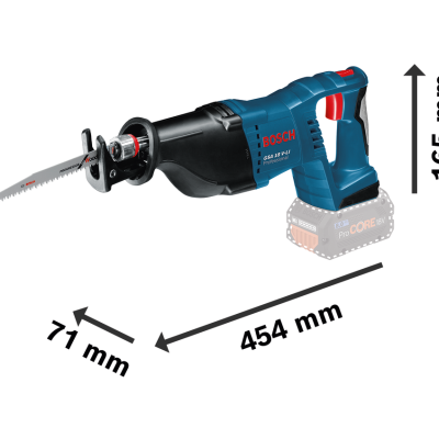 Serra recíproca BOSCH GSA 18 V-LI Professional azul e preta com lâmina de serra para madeira e dimensões indicadas