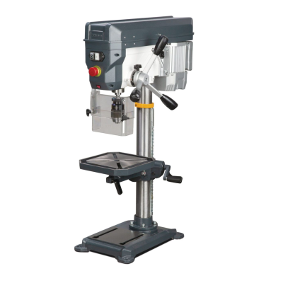 Máquina de furar de bancada metálica cinzenta com plataforma ajustável e base estável