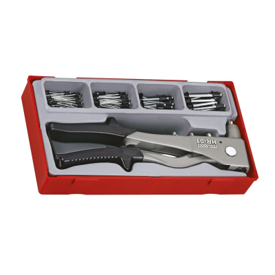 Conjunto de alicate e grampos em caixa vermelha