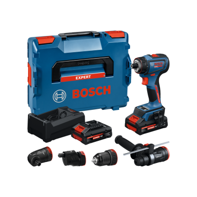 Conjunto Bosch Expert com mala rígida azul, parafusadora sem fios, bateria 18V, carregador e acessórios.