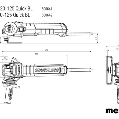 Desenho técnico a preto e branco de esmerilhadora Metabo com dimensões