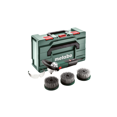 Conjunto Metabo com lixadora, caixa verde, óculos de proteção e três escovas metálicas redondas