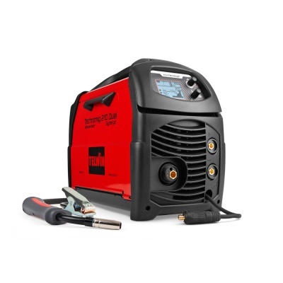 Máquina de soldar vermelha e preta com ecrã digital e tocha de soldadura