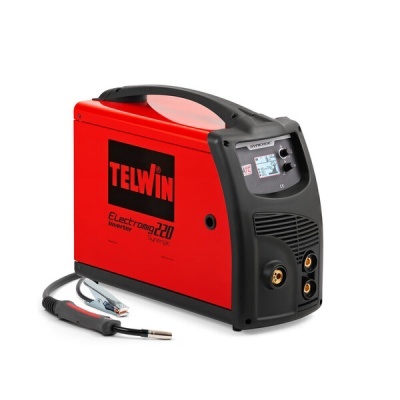 Máquina de soldar TELWIN Electromig 220 Synchro em vermelho e preto com visor digital e pistola de soldadura